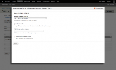 A screenshot of the Clean panels markup region-style configuration form.