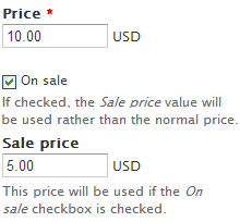 Screenshot from a product edit screen showing price, on sale, and sale price
