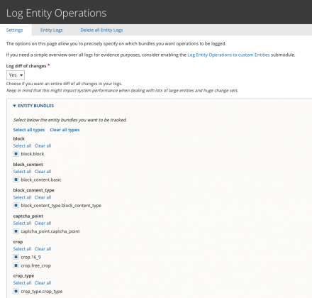 The configuration form lets you choose wether to log the diff of changes, and on which entity bundles logs should be generated.