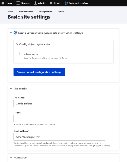 The "Basic site settings" form with the Config Enforce Devel details element at the top, expanded to show the checkbox (unchecked) to enforce this config.