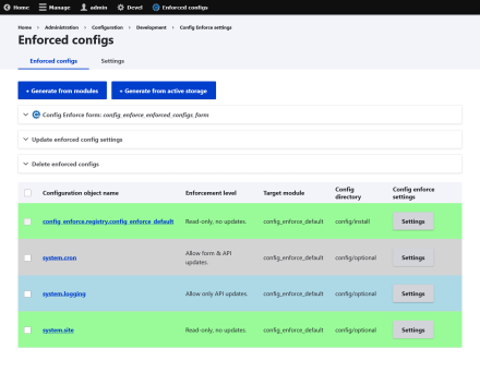 The "Enforced configs" overview page, displaying a table of enforced configurations and settings buttons.