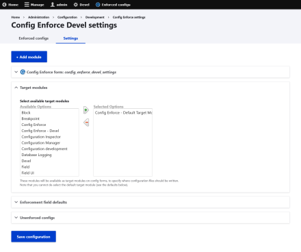 The Config Enforce Devel module settings page, showing several details elements with the "Target modules" one expanded to show a list of installed modules.