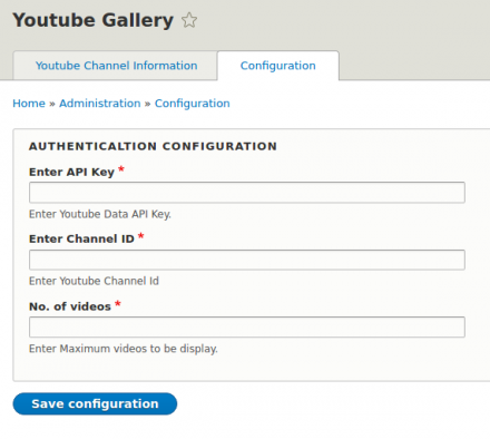 Youtube Gallery configuration page