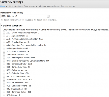 Drupal Commerce currency configuration screenshot including Bitcoin