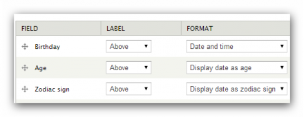 Screen capture of date field format settings for age and zodiac sign