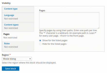 Block edit page with the Modal dialog region selected.