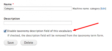 Screenshot: Disable taxonomy description