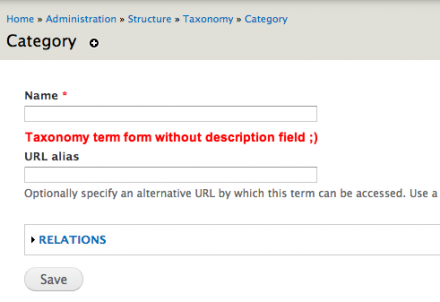 Screenshot: Taxonomy term form without description field