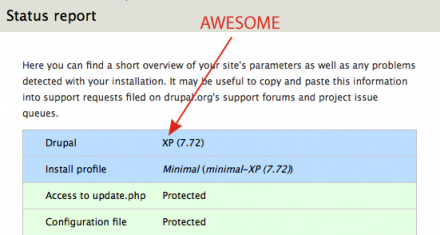 Status report page showing the version as Drupal XP