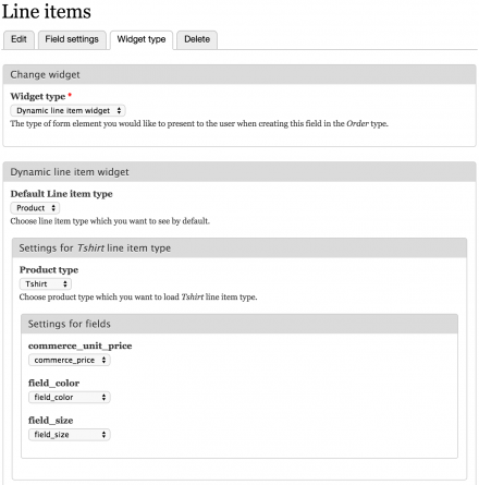 Dynamic commerce line item widget settings