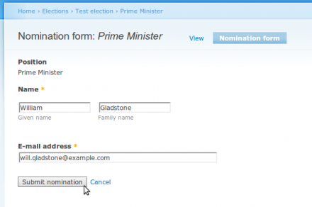 Screenshot: Nomination form