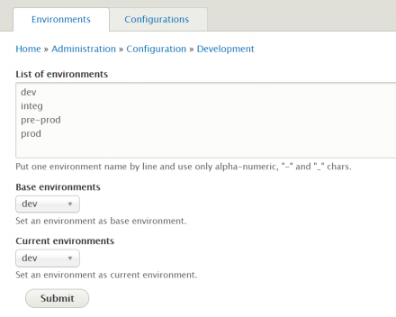 Configuration form on Environments