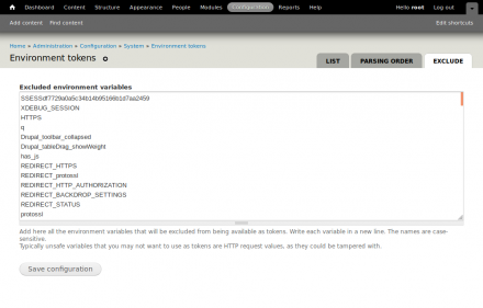 Screenshot of Environment Tokens module: excluded php environment variables