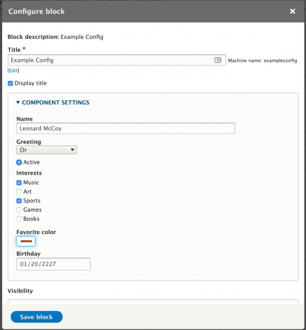 Configuration form for the component