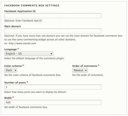 Facebook Comments Block Configurations Page