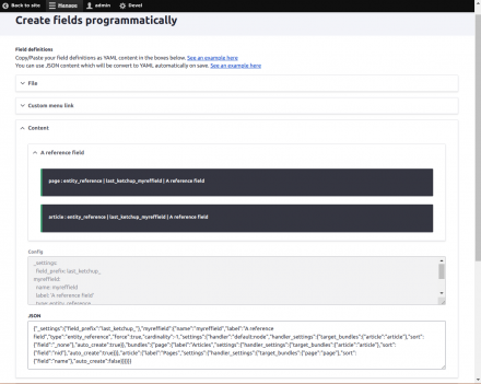 Screenshot of the admin page with example of JSON convertion to YAML config.