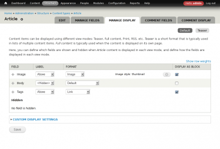 The manage display screen with Field as Block checkboxes