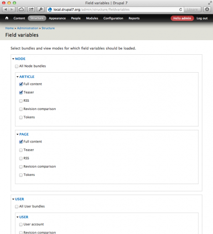 Screenshot of Field variables settings page.