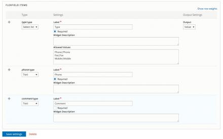 The field settings form. Customize your FlexField items (sub-fields) here.