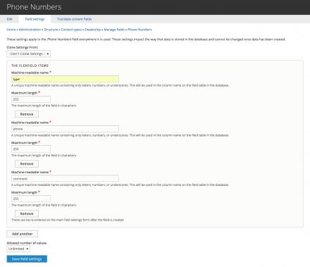 The field storage settings form (defines custom database columns for this field)