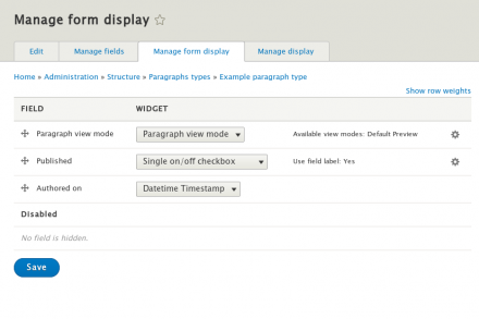 Screenshot preseting fields list of the paragraph type