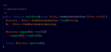 Example of a simple form render array being constructed by a Form Factory instance.