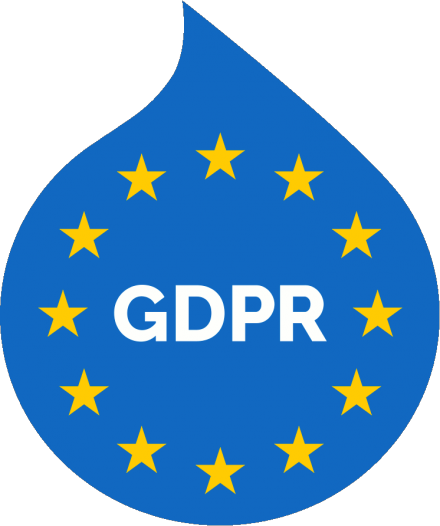 A Druplicon-shaped EU flag with the word "GDPR" in its center