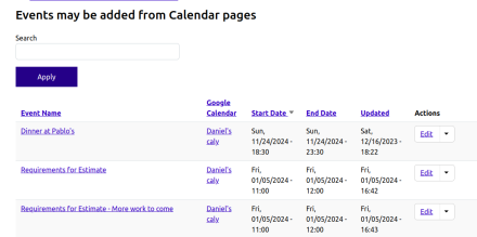 View of the Calendar List page.