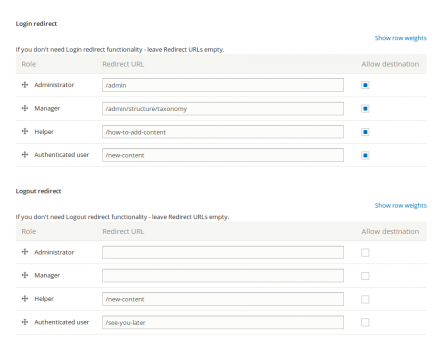 Login And Logout Redirect Per Role settings page