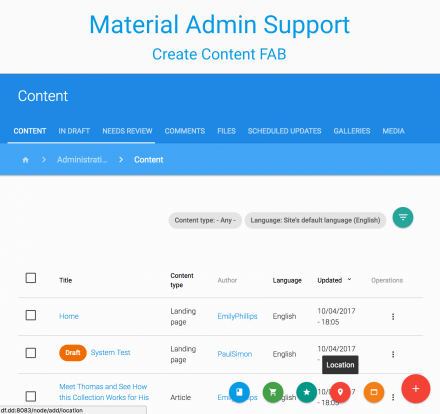Material Admin Support Add Content FAB screenshot