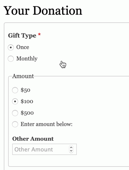 Screenshot of monthly gift amounts change via ajax