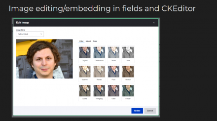 A screenshot showing image editing with filters, adjustments, and crops.