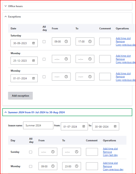 Also, exception dates can be maintained, and seasonal schedules.