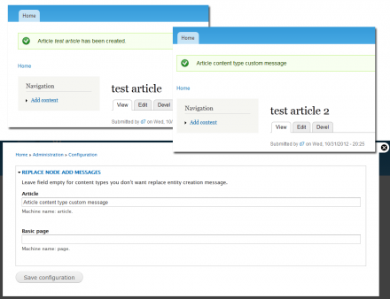 Custom message after node creation and Override node messages module configurati