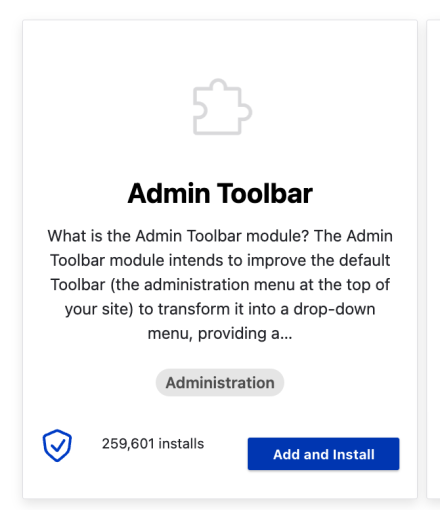 the Admin Toolbar module "card," displaying an "Add and Install" button