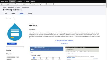 The detail page of the Webform module, displaying its logo, some screenshots, and it's description, with an option to "Add and Install"
