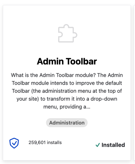 the Admin Toolbar module "card," displaying a checkmark next to "Installed"