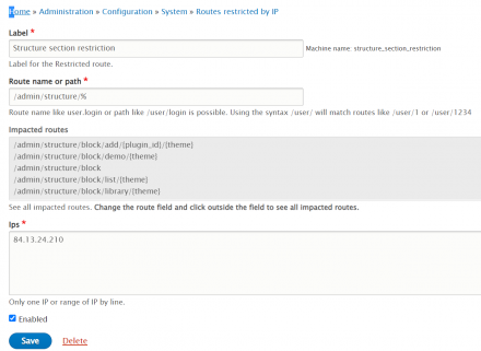 Restricted route form with preview of impacted routes