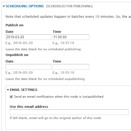 Screenshot of email settings in Scheduler form