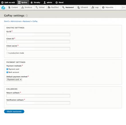 GoPay admin settings page