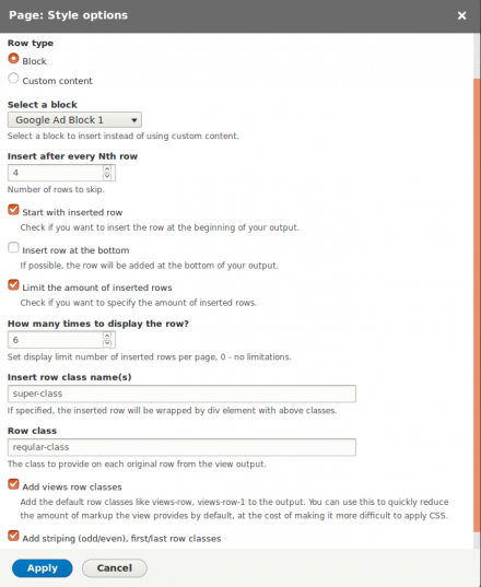 Settings page of the Views Rows Wrapper display plugin.