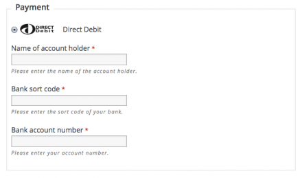 The module's payment pane displaying account name, number and sort code fields.