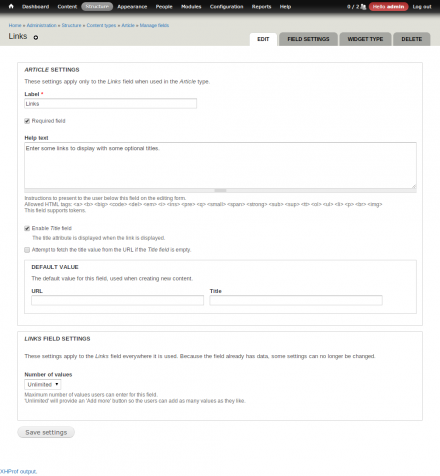 Field settings of an url field