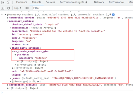 screenshot of Chrome dev tools console showing GTM data exposed in drupalSettings
