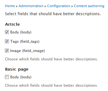 Shows how the administrator can select which fields in which content type to make available for better field descritions.