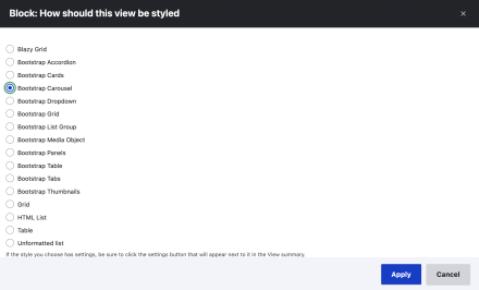 The Views formatting setting options set with Bootstrap Carousel selected