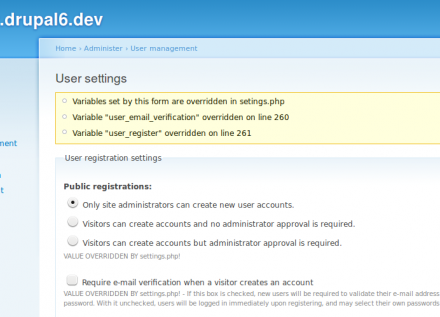 Screenshot of how overrides are highlighted ot the user, for Drupal 6.
