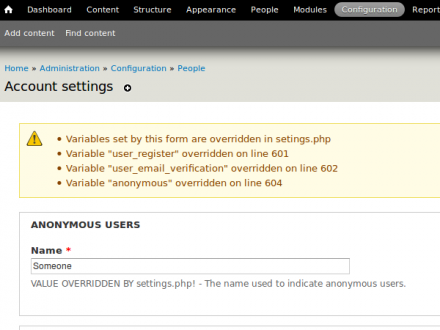 Screenshot of how overrides are highlighted ot the user, for Drupal 7.