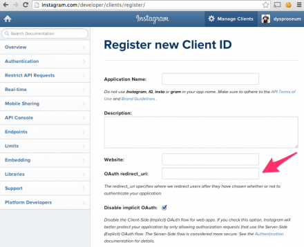 Instagram API console register new client screen