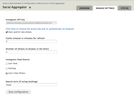 Instagram module settings screen after authentication